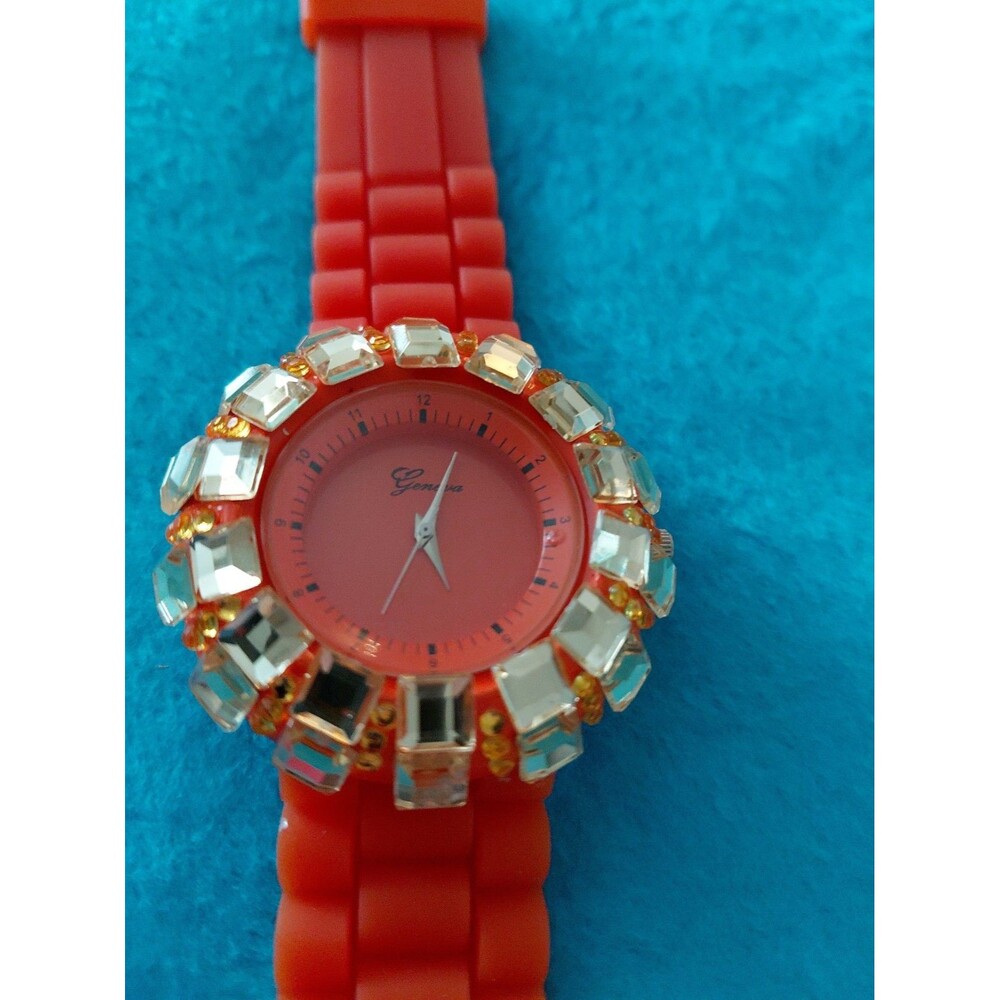 Geneva Neon Orange And Rhinestone Womens Watch
